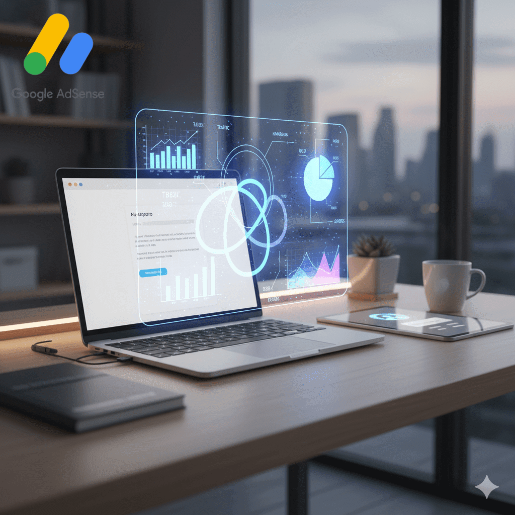 Masada laptop, holografik SEO grafikleri, yapay zeka yazım araçları, minimal çalışma ortamı, soft ışıklandırma, gerçekçi dijital illüstrasyon