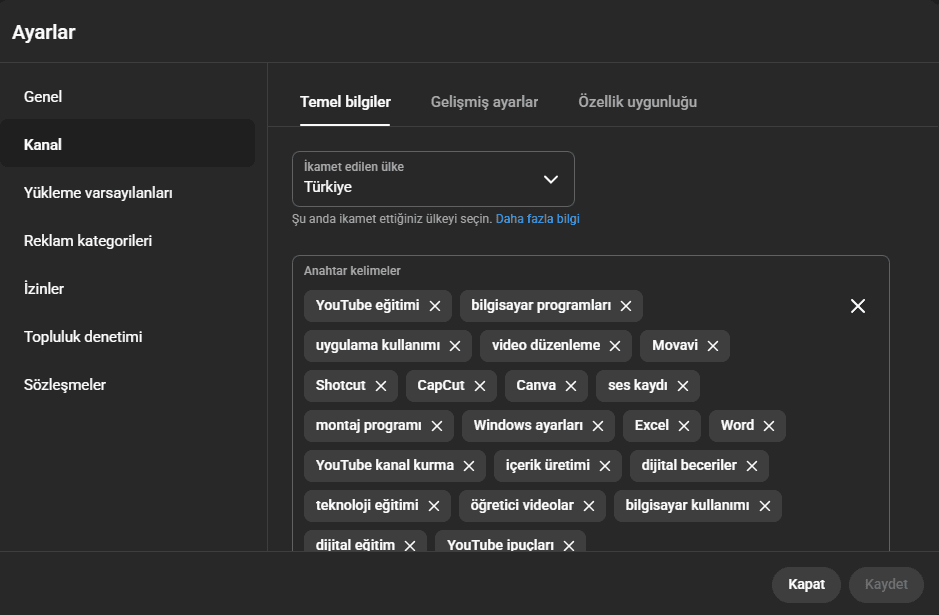 Kanal Açıklaması ve Anahtar Kelime AYarları