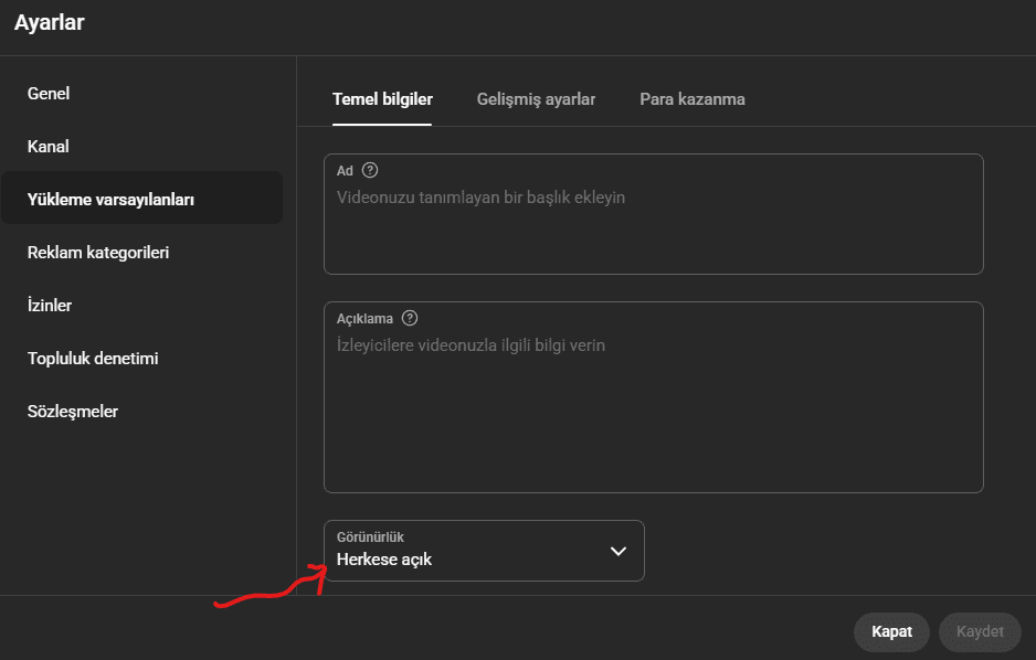 yükleme varsayılanları