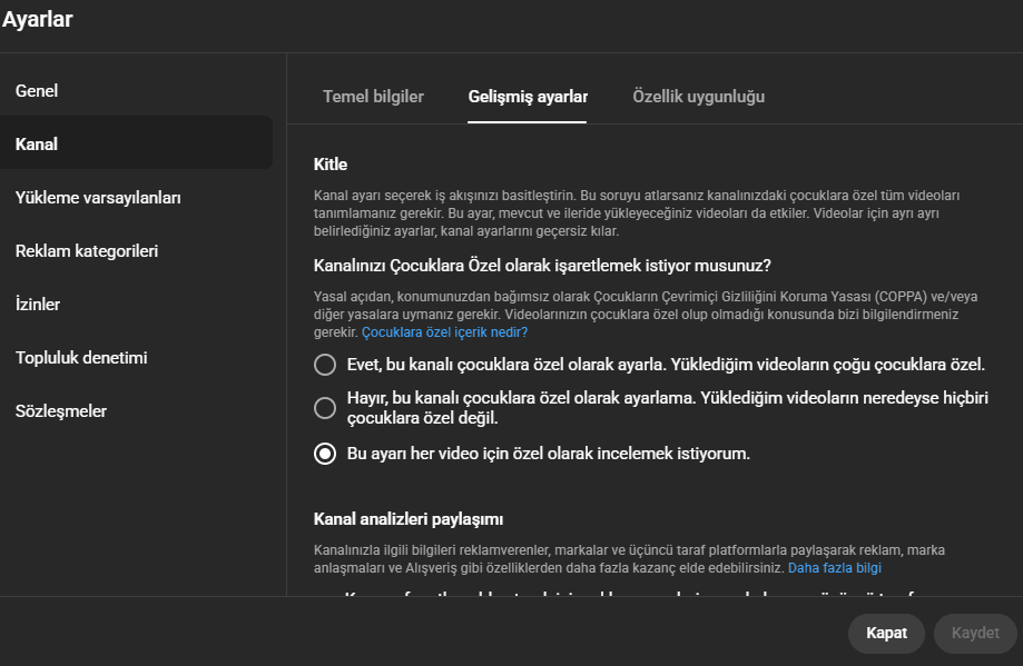 çocuklara özel ayarları